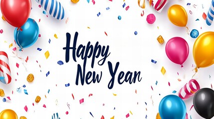 Happy New Year! A celebratory banner with balloons and confetti, perfect for a party or greeting card.