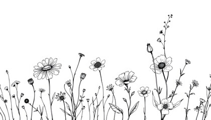 Hand draw ink wildflowers, wallpaper border, pattern white isolated with white highlights, png
