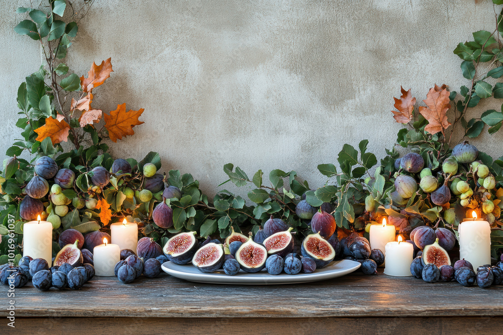 Poster elegant dessert display, elegant display of fig desserts on a wooden table with candles and autumn l