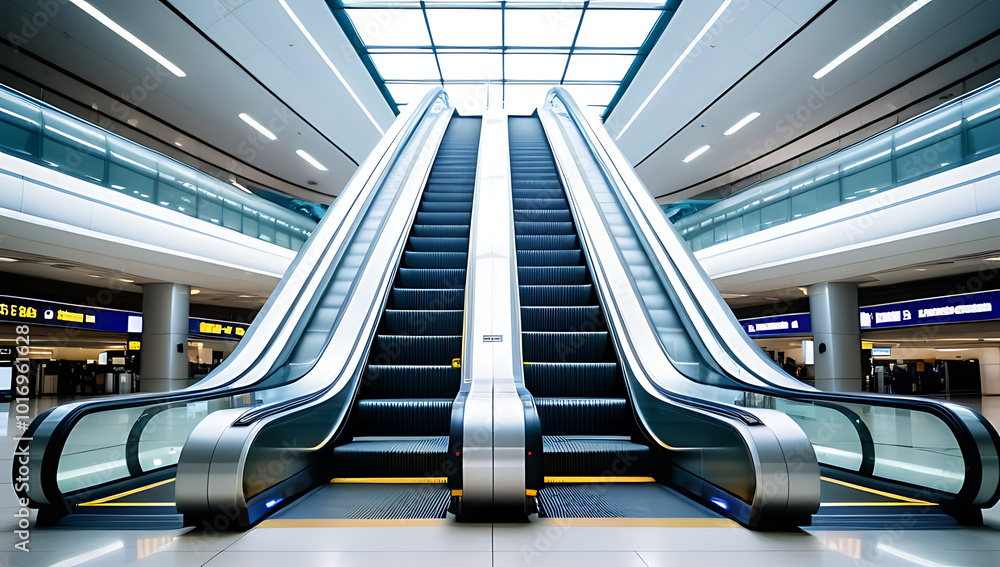 Poster modern escalator electronic system showcased airport setting simple white background clipping path e