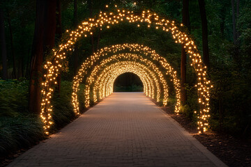 Obraz premium Archway Made of Lighted Garlands Creates an Enchanting Atmosphere | Magical Entryway for Festive Events and Celebrations