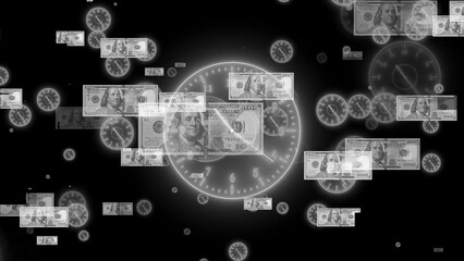 Black white glowing clock isolated dollar particle