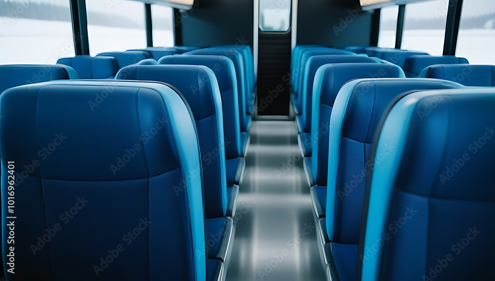 Poster row blue chairs aligned neatly bus creating striking visual effect plain white surroundings
