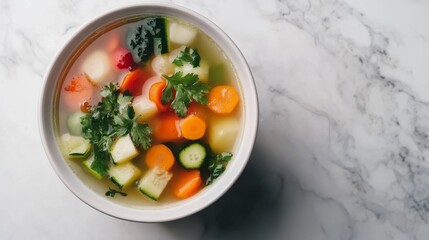 Fresh Vegetable Soup in a White Bowl on Marble Surface