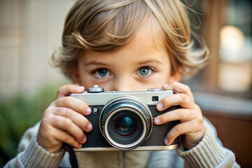 Young boy looking through vintage camera capturing childhood moments