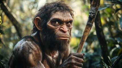 A Homo heidelbergensis man stands in a forest, holding a spear with a carved tip. His gaze is intense and determined, showcasing his survival instincts.