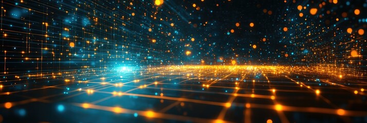 Panoramic abstract technology background with glowing grid and particles