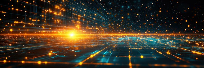 Panoramic abstract technology background with glowing grid and particles
