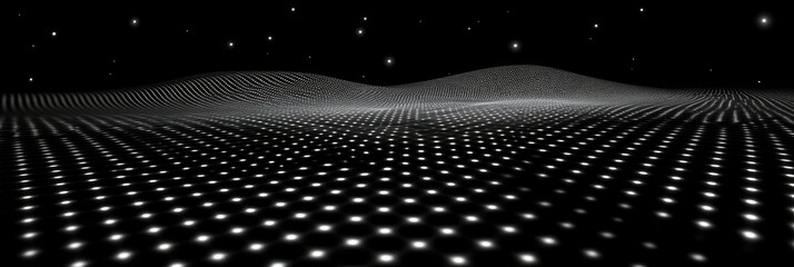 Panoramic abstract landscape with glowing dots forming a digital terrain under a starry sky