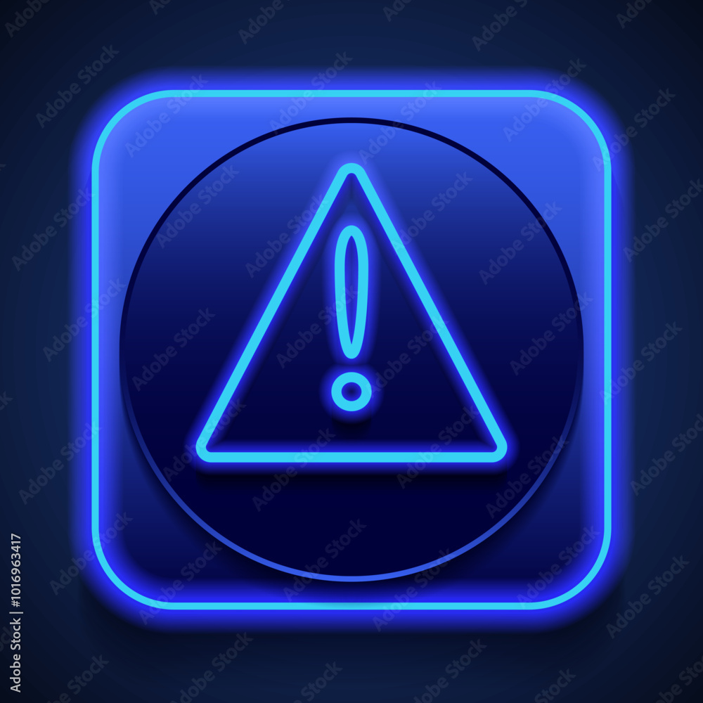 Poster warning triangle simple icon. flat design. blue neon style on button. with shadow