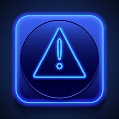 Warning triangle simple icon. Flat design. Blue neon style on button. With shadow