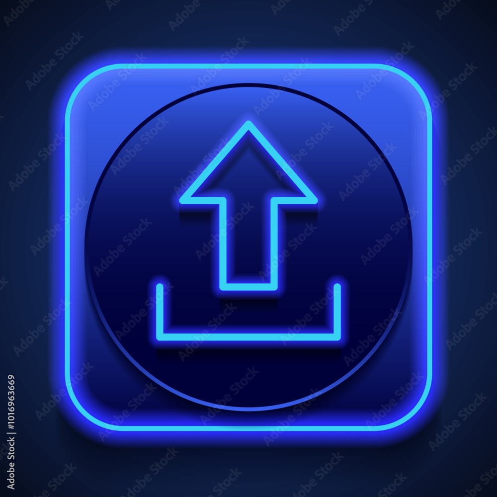 Poster upload simple icon, vector. flat design. blue neon style on button. with shadow