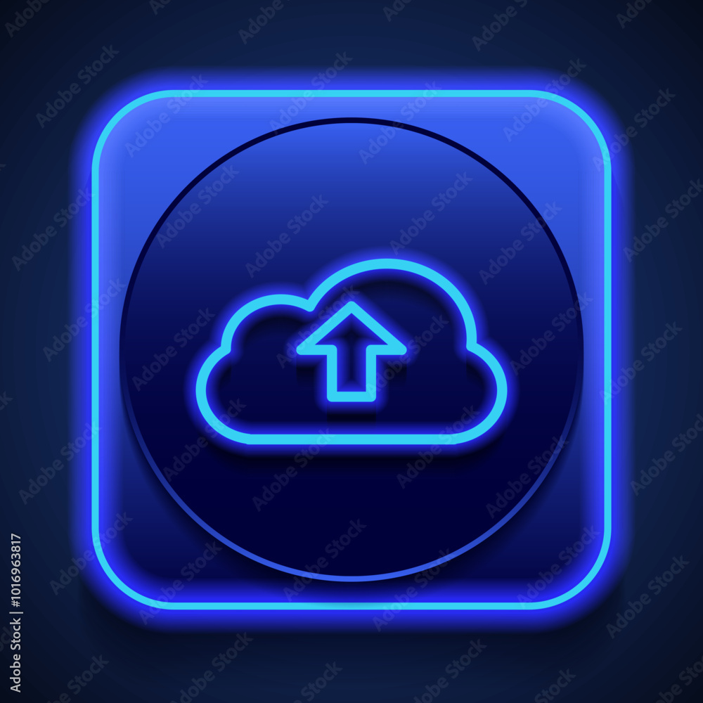 Poster upload simple icon vector. flat design. blue neon style on button. with shadow