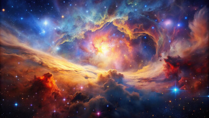 Fototapeta premium Colorful cosmic nebula in deep space with glowing stars, swirling clouds of gas, and vibrant celestial patterns creating a stunning universe