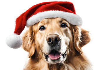 Golden Retriever Wearing a Red Christmas Hat on a White Background