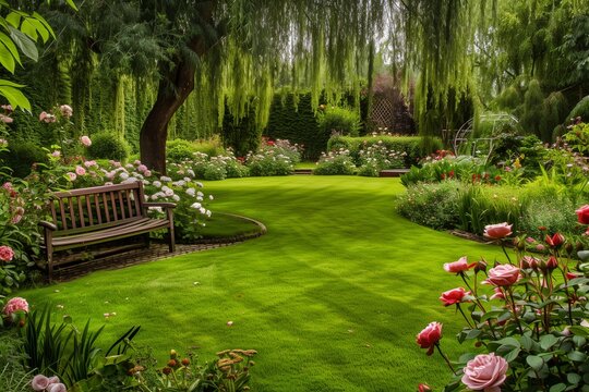 A serene summer garden with a lush green lawn bordered by beds of roses and peonies, and a quaint wooden bench under a weeping willow tree.