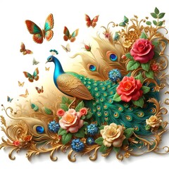 Obraz premium Flowers and a peacock surround a peacock golden with colored roses 