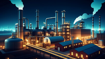 stylized vector image showcases cluster industrial buildings surrounded various iconography representing inner workings boiler plant electrical infrastructure