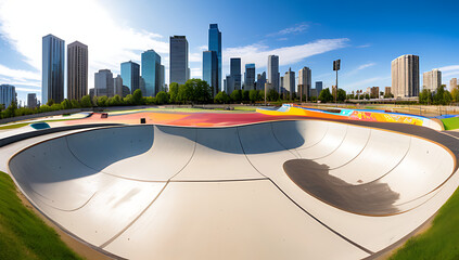 sweeping shot captures vibrant essence cityscape adjacent skateboard park set breathtaking background demands attention fore