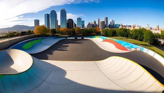 sweeping shot captures vibrant essence cityscape adjacent skateboard park set breathtaking background demands attention fore