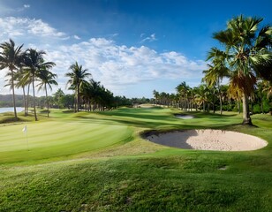 Tropical golf course with lush grass, palm trees, and a view of the sea under a bright summer sky