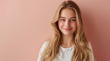 Smiling young woman with blonde long groomed hair isolated on pastel flat background with copy space