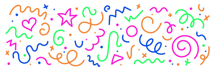 Squiggly lines, doodle forms, festive confetti. Hand drawn various shapes. Birthday, children party celebration. Vector illustration