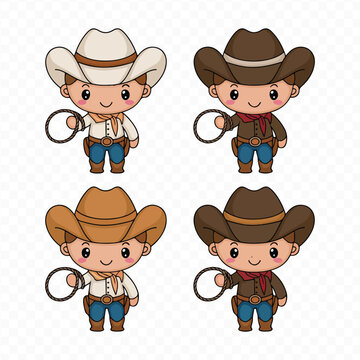 Set of Wild West Elements: Cowboy Equipment, Rodeo Silhouettes, and Lasso-Throwing American Cowboys on Horseback