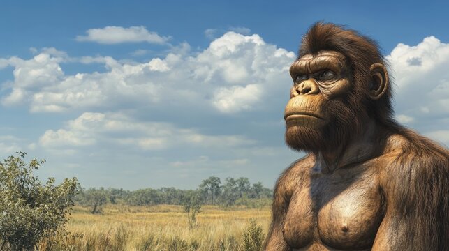 A hyper-realistic portrait of a Homo erectus male, standing tall and gazing into the distance.
