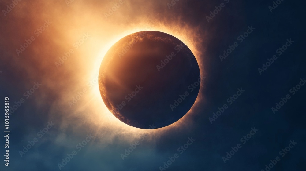 Poster stunning solar eclipse with illuminated atmosphere