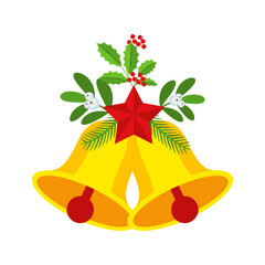 Two Christmas bells with red star and floral garland.