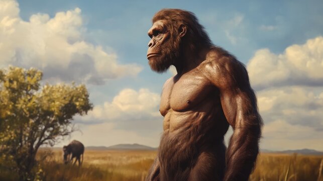 A muscular Homo erectus stands tall in a savannah landscape, looking out at the horizon.