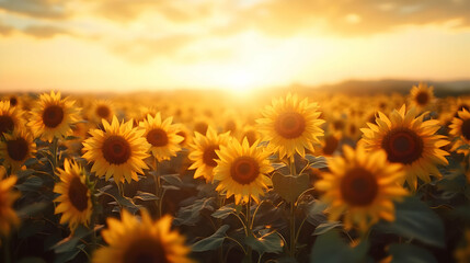 Fototapeta premium Sunflowers Field At Sunset, Golden Hour Photography