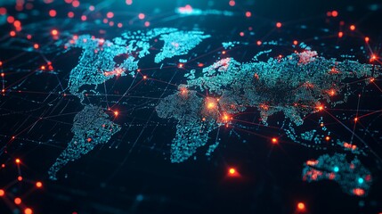 Digital World Map with Interconnected Red Nodes