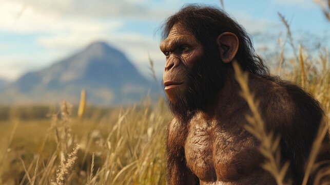 A hyperrealistic portrait of Homo erectus walking through tall grasses, with detailed skin textures and distant mountains. - Powered by Adobe