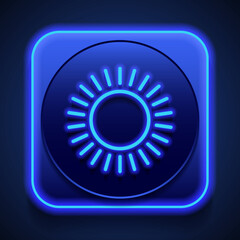 Sun simple icon, vector. Flat design. Blue neon style on button. With shadow