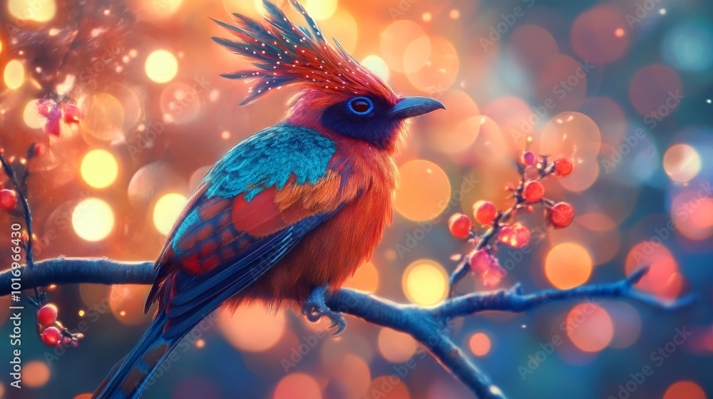 Poster Vibrant Bird on Tree Branch with Colorful Background