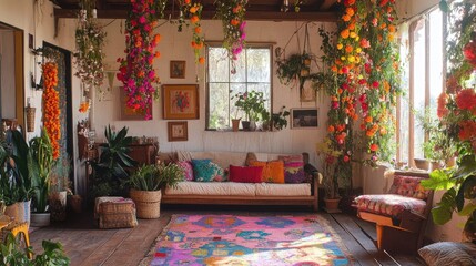Colorful Bohemian Living Room with Hanging Flowers