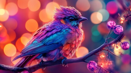Colorful Bird Perched on Branch with Bokeh Background