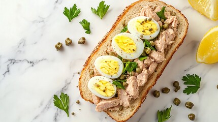 Panini with tuna salad and hard-boiled eggs, isolated on a marble background with lemon wedges and capers