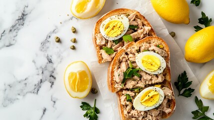 Panini with tuna salad and hard-boiled eggs, isolated on a marble background with lemon wedges and capers