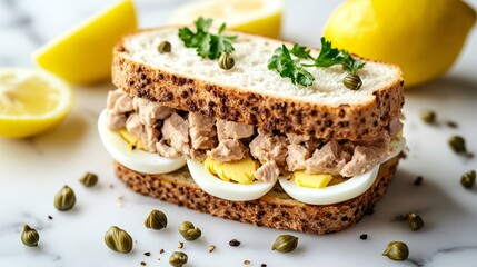 Panini with tuna salad and hard-boiled eggs, isolated on a marble background with lemon wedges and capers