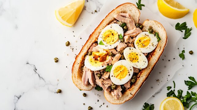 Panini with tuna salad and hard-boiled eggs, isolated on a marble background with lemon wedges and capers - Powered by Adobe