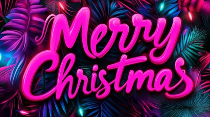 A festive greeting of "Merry Christmas" in pink, glossy letters against a backdrop of tropical leaves and twinkling lights.