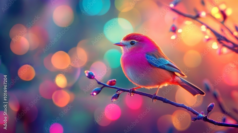 Poster Colorful Bird on Branch with Bokeh Background