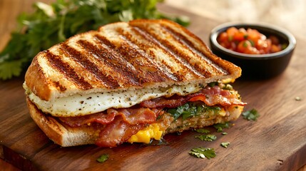 Smoky bacon and egg panini, isolated on a wooden board with fresh herbs and a small dish of salsa