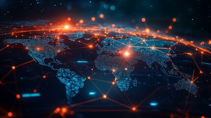 Obraz premium A Digital World Map with Interconnected Nodes and a Bokeh Background