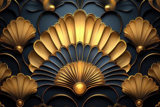 elegant golden art deco pattern with repeating fan or shell motif seamless geometric design with luxurious metallic finish vintageinspired illustration