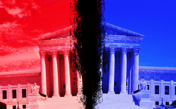  The US Supreme Court divided into red and blue -- political polarization concept