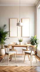 Fototapeta premium Mock up frame in cozy modern dining room interior, 3d render, white Mock up frame